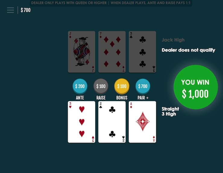 Winning 3 Card Poker Hand at Bovada
