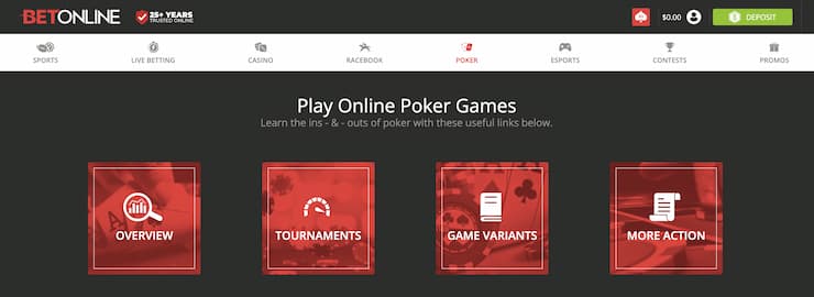 BetOnline poker suite homepage - games