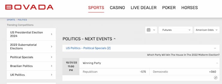 bovada US politics betting site