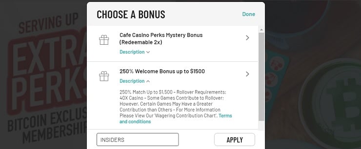 Cafe Casino 250% Bonus