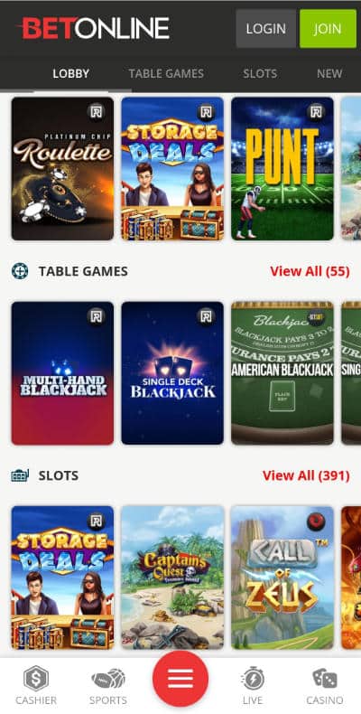 BetOnline Mobile Games Lobby