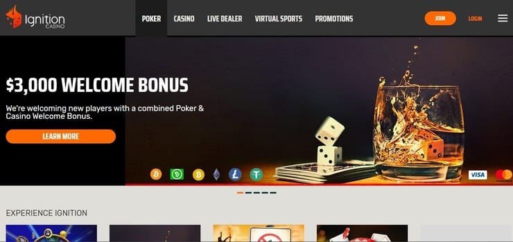 Ignition homepage with Poker Bitcoin casino bonus