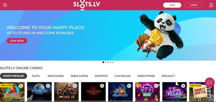 slots.lv homepage with Bitcoin casino bonus
