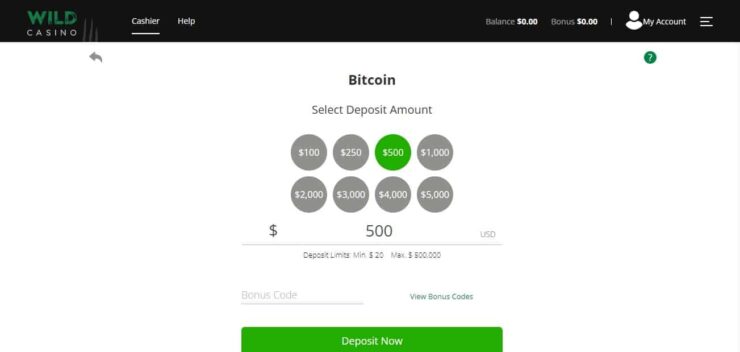 Wild Casino 400% deposit bonus code entry