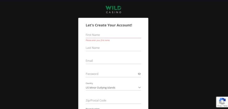 Wild Casino sign up screen
