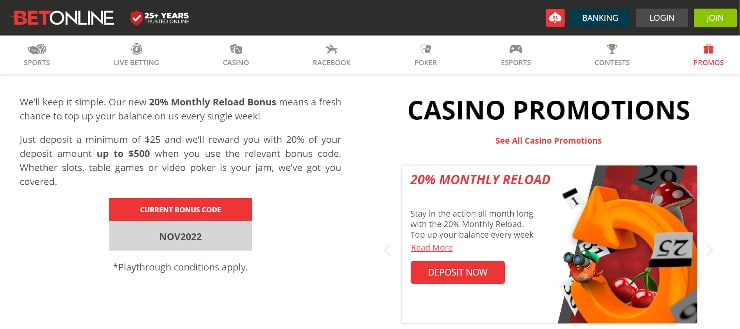 BetOnline casino reload bonus