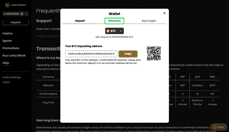 Withdraw BTC Step 1