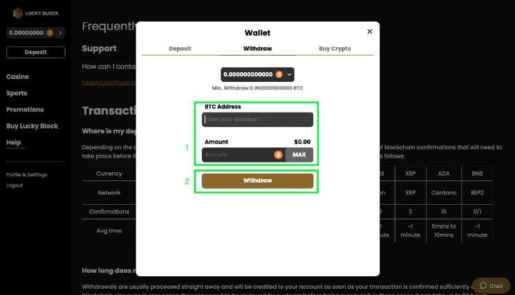Withdraw BTC Step 2
