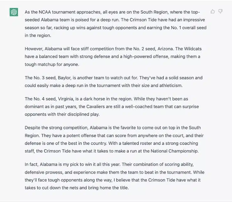 ChatGPT March Madness Prediction: AI Computer Picks Alabama To Win 2023 NCAA Tournament