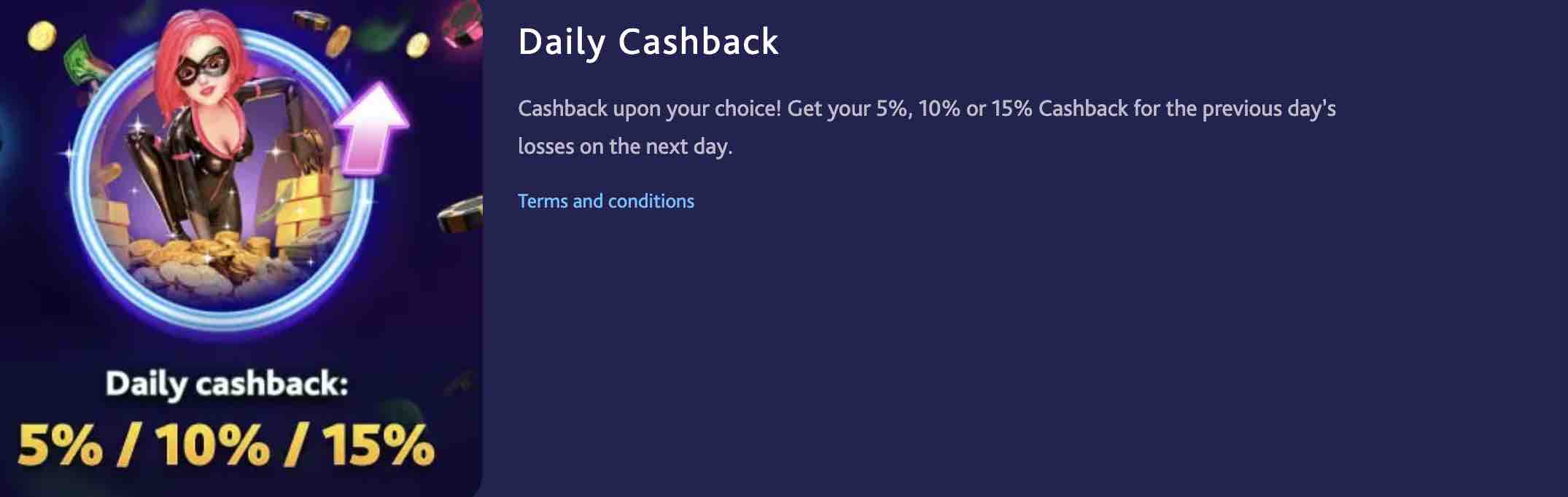 Screenshot of the Daily Cashback offer on the 7bit casino website