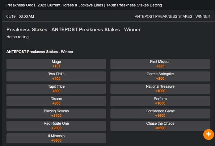 MyBookie Preakness Stakes betting page