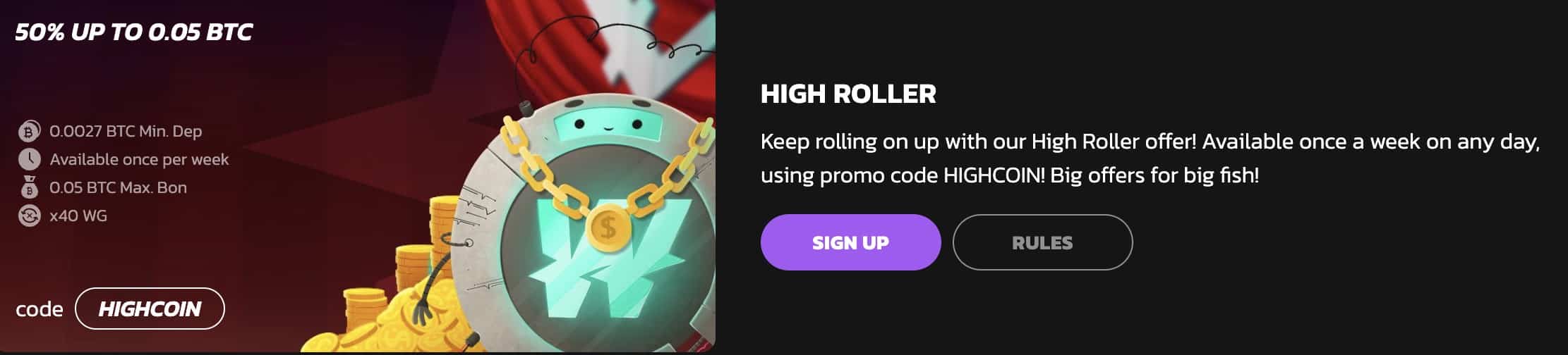 Screenshot of the High Roller bonus at Wildcoins