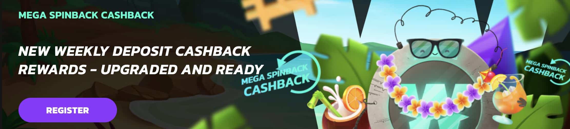 A screenshot of the banner ad on the Wildcoins homepage that advertises their Spinback Cashback offer