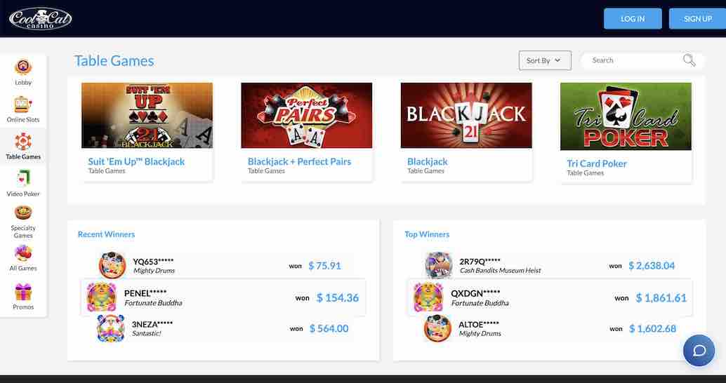 A screenshot of the table games section of the CoolCat Casino library