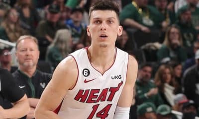 Miami’s Tyler Herro (right hand) will not play in Game 4 of the 2023 NBA Finals tonight vs Denver