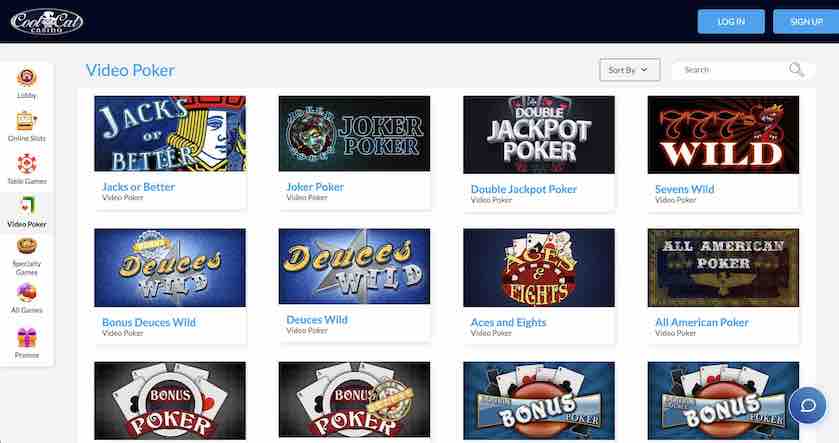 A screenshot of the video poker games available at CoolCat casino