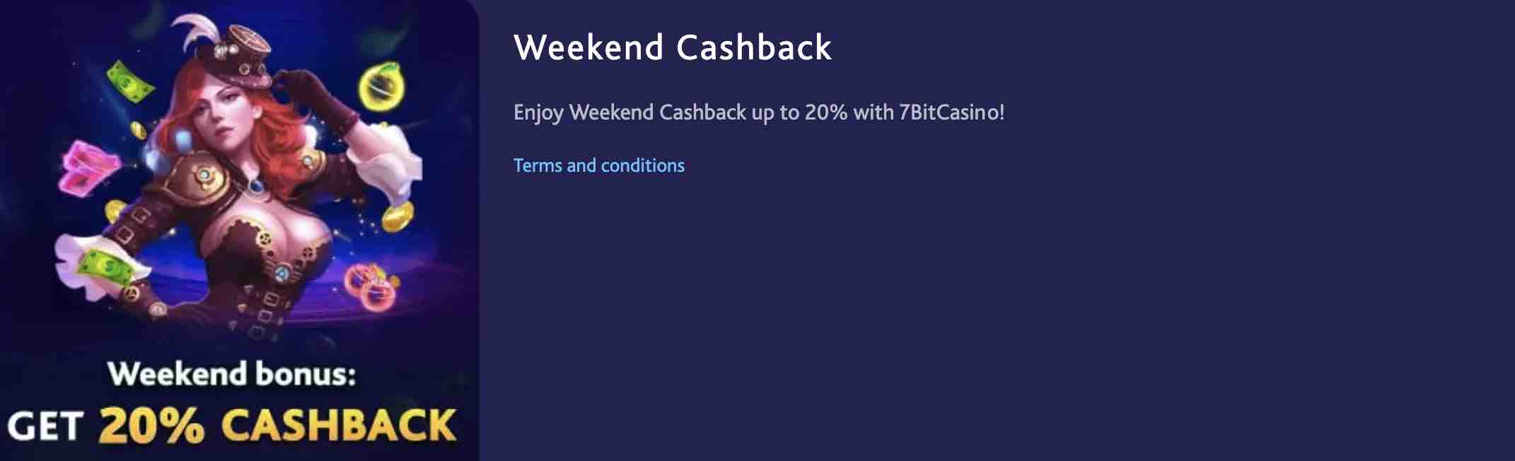 Screenshot of the Weekend Cashback bonus on the 7bit casino website