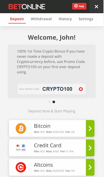 BetOnline Sign up app (choose deposit)