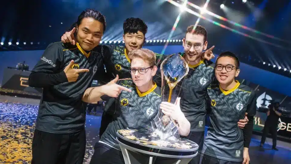 Evil Geniuses after winning their first League of Legends Championship Series trophy in 2022