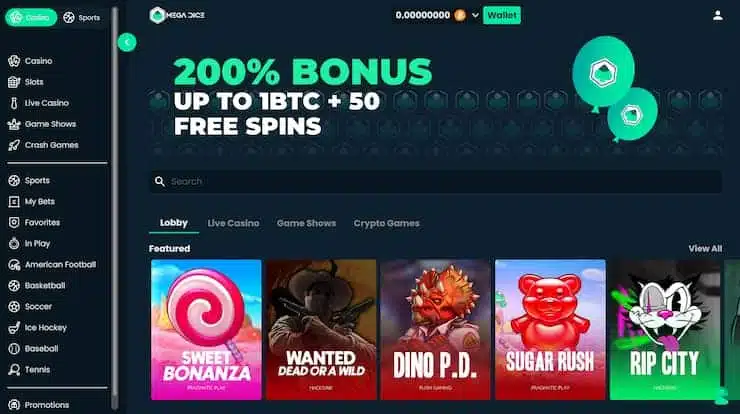 MegaDice casino homepage