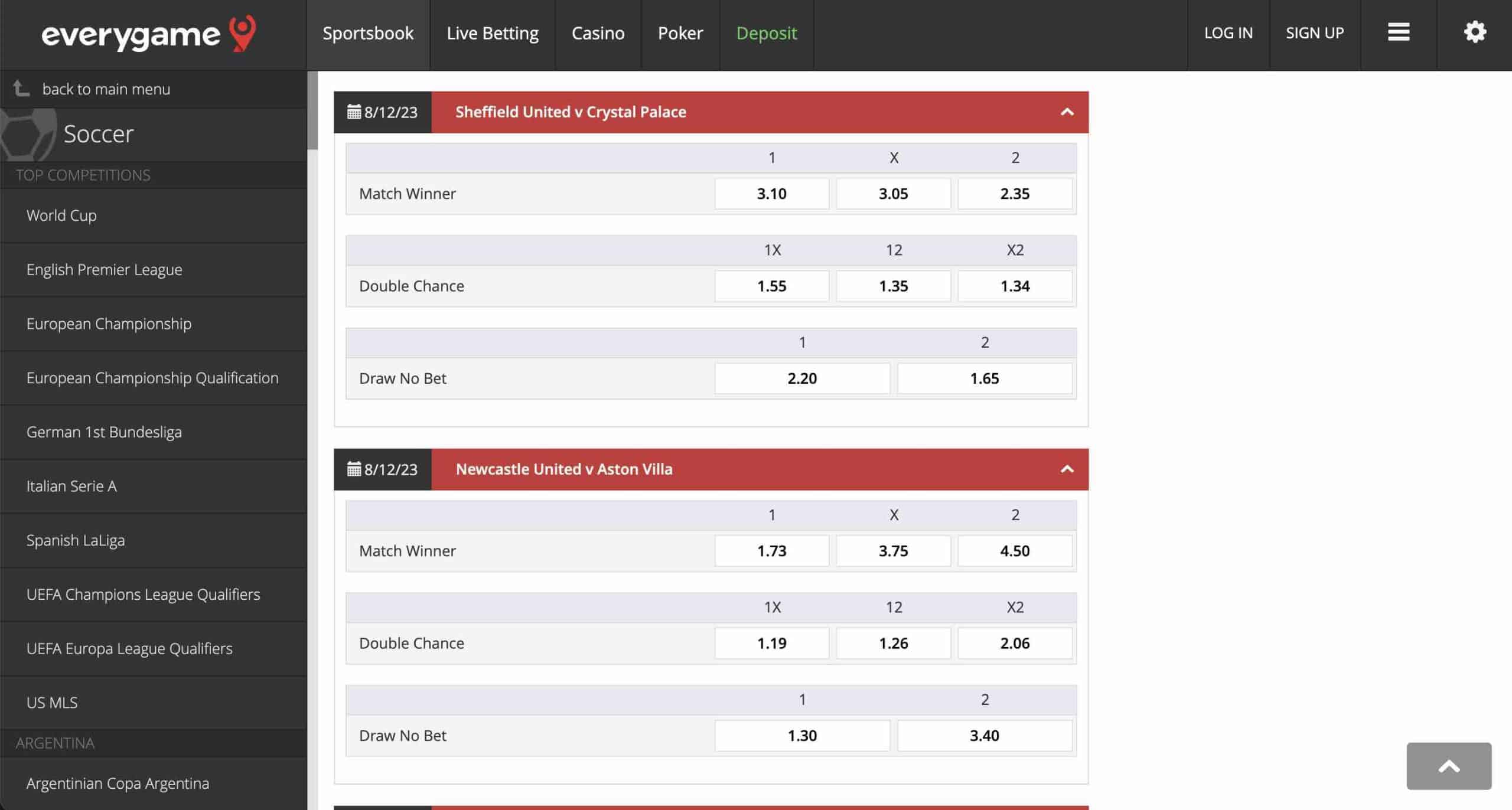 A screenshot of the odds for Premier League games at BetOnline with Sheffield United vs Crystal Palace shown