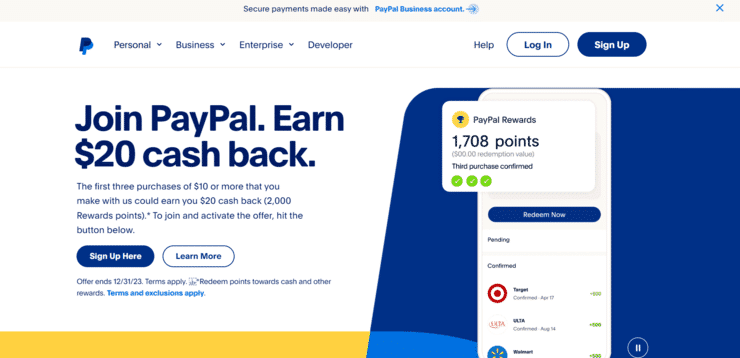 PayPal homepage