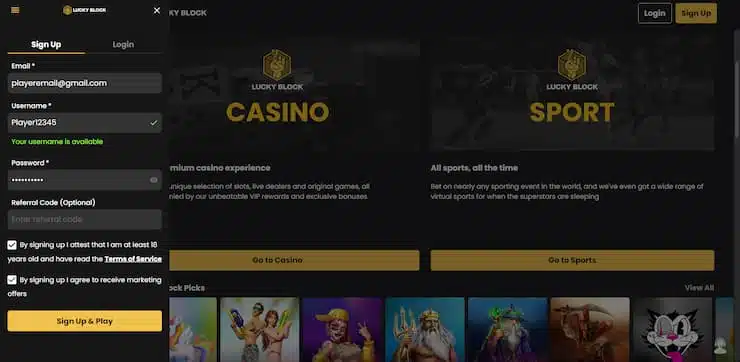 Create an account - lucky block
