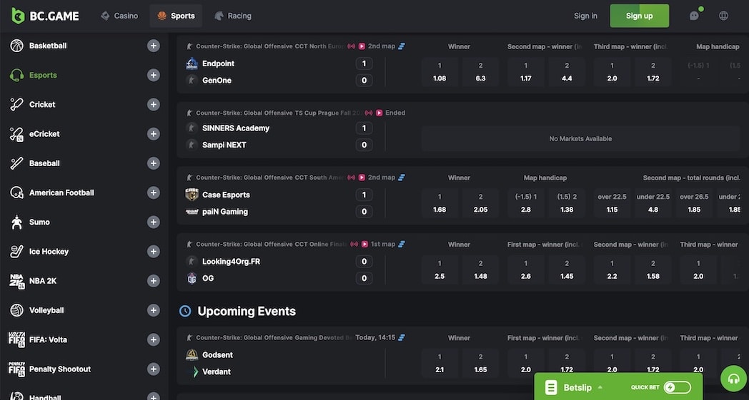 Screenshot of the BC.Game esports betting lines