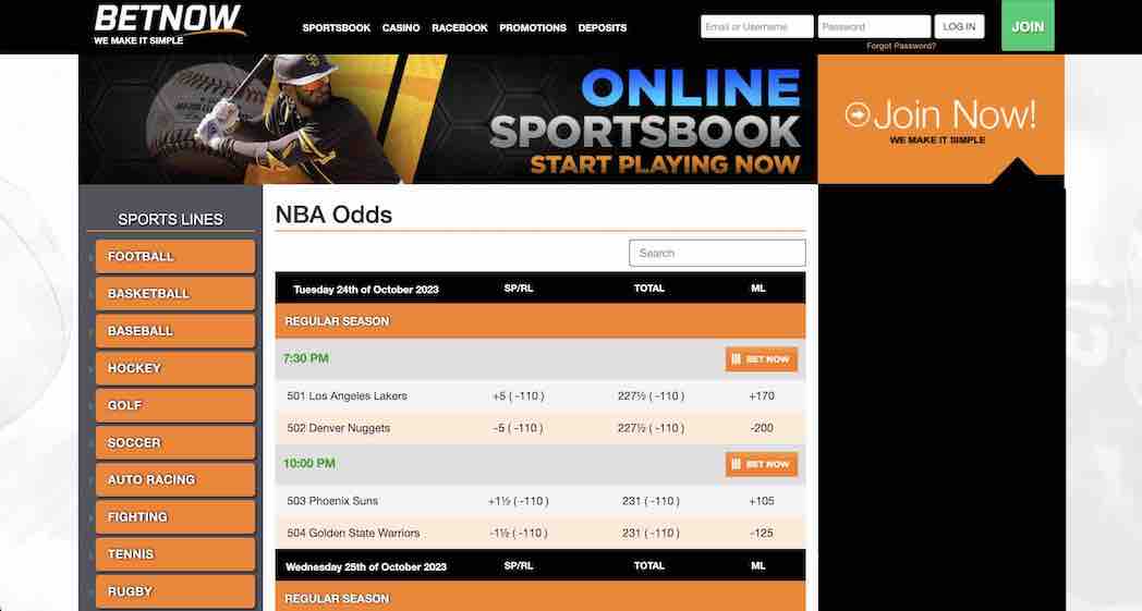 A screenshot of the BetNow basketball page of betting odds