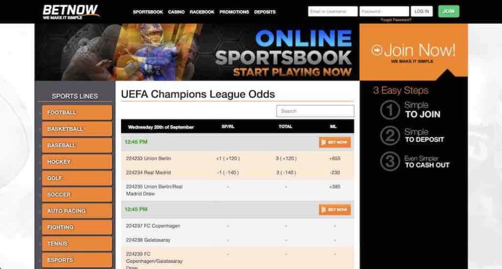 A screenshot of the odds at BetNow for the champions league