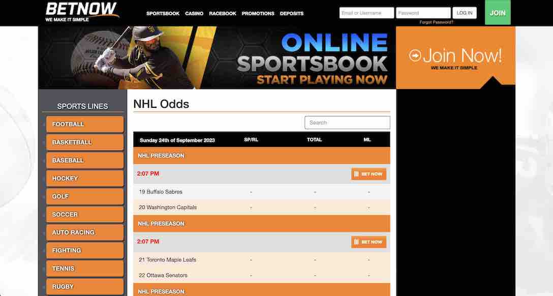 Screenshot of the NHL odds available at the BetNow sportsbook