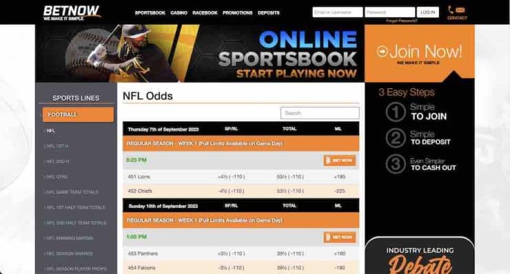 A screenshot of the BetNow sportsbook homepage