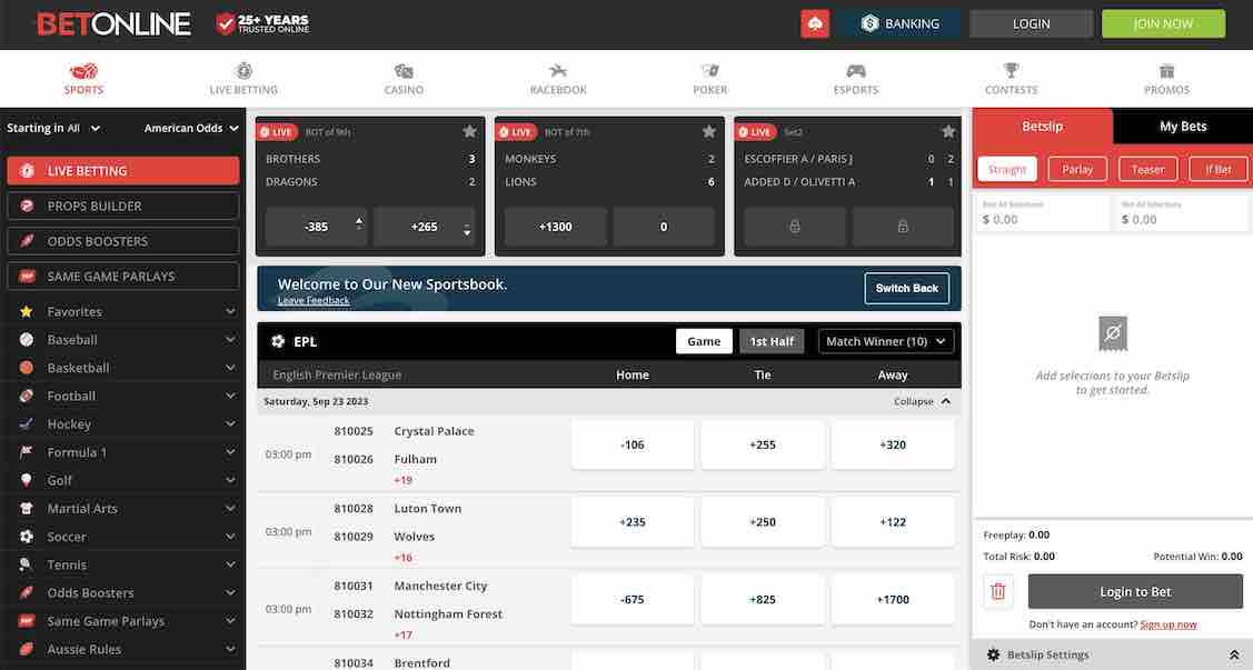 A screenshot of the BetOnline soccer odds page