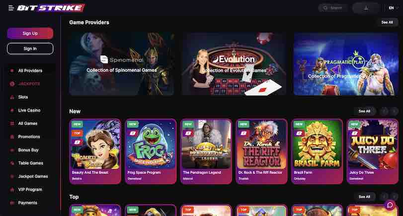 A screenshot of the BitStrike homepage