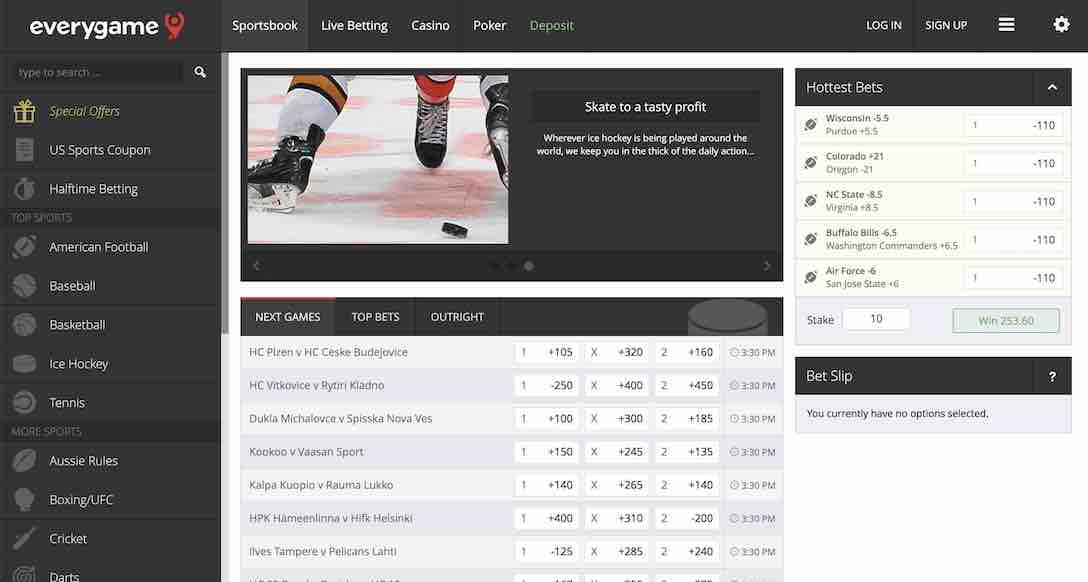 A screenshot of the Everygame Ice Hockey page with odds on the upcoming games