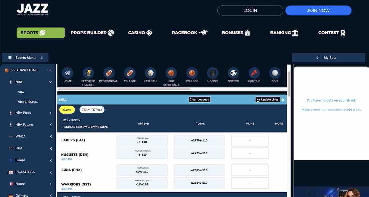 A screenshot of the sportsbook homepage at JazzSports with NBA odds showing