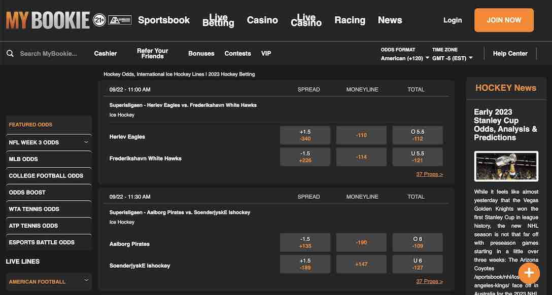 Screenshot of Ice Hockey odds at MyBookie