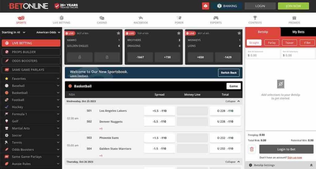 A screenshot of the NBA odds on at the BetOnline sportsbook