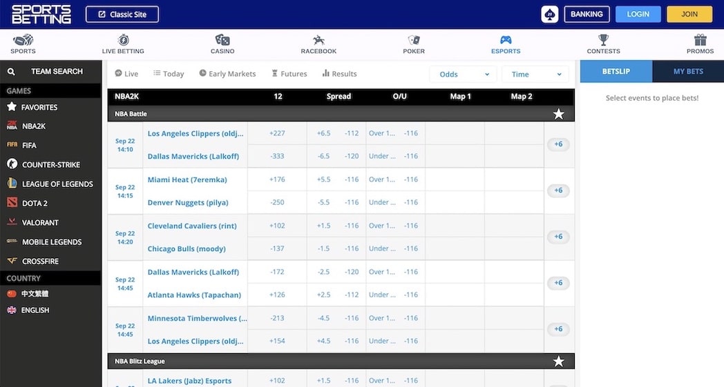 A screenshot of Sportsbetting.ag esports betting section