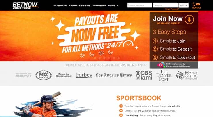 Betnow gambling site homepage