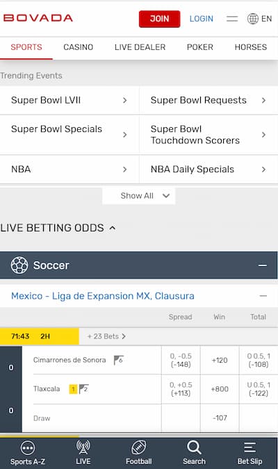 Bovada sports betting app homepage