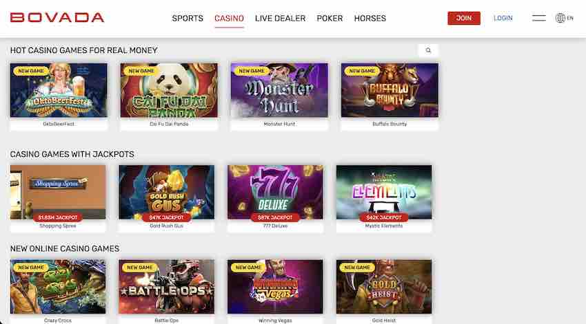 A screenshot of the Bovada casino homepage