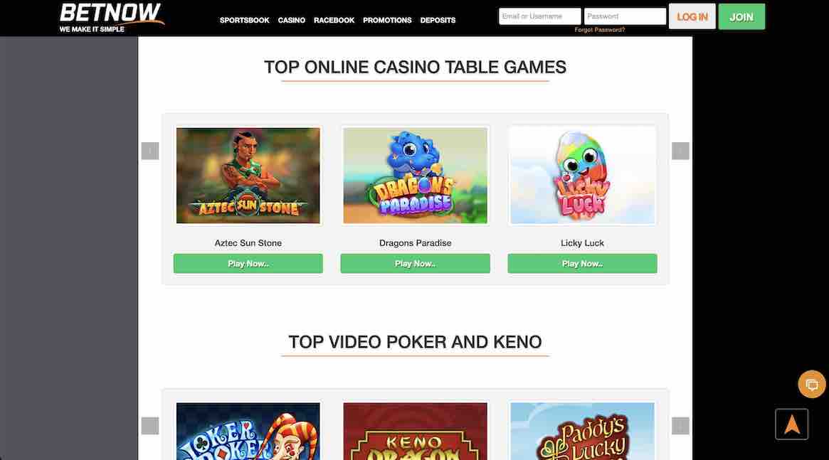 A screenshot of the BetNow casino homepage