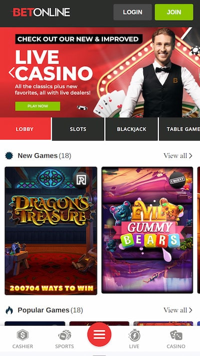 A screenshot of the lobby at BetOnline Mobile Casino