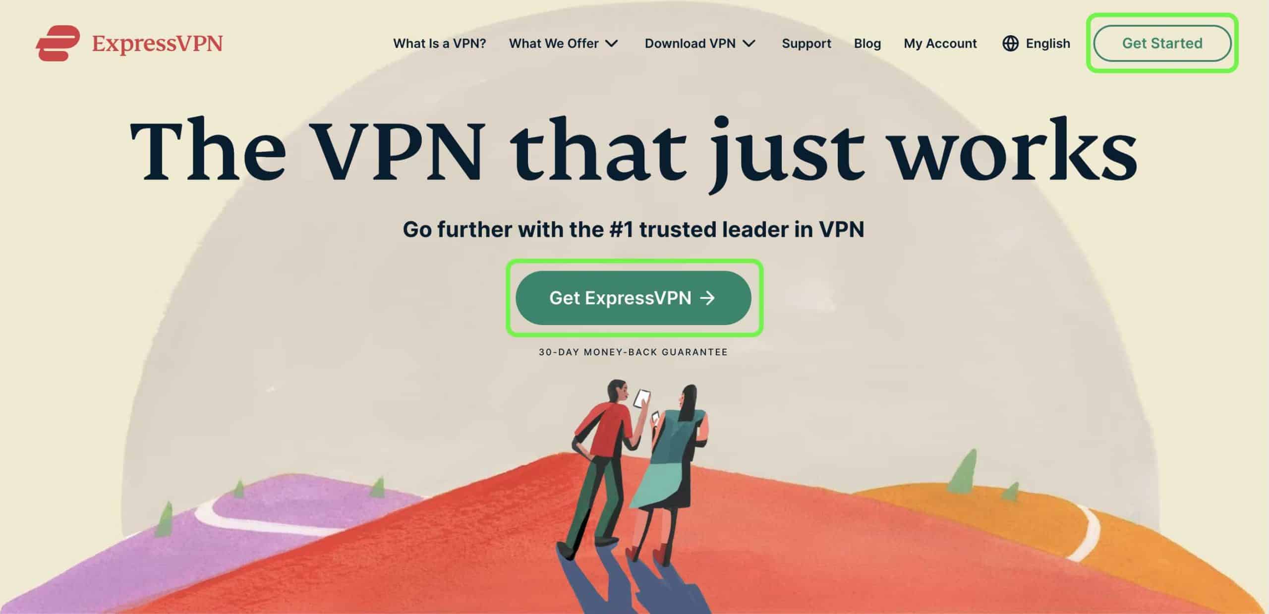 A screenshot of the ExpressVPN homepage with the buttons that you need to get started.