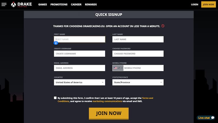 Step 2 - Drake Casino registration form - Drake Casino review