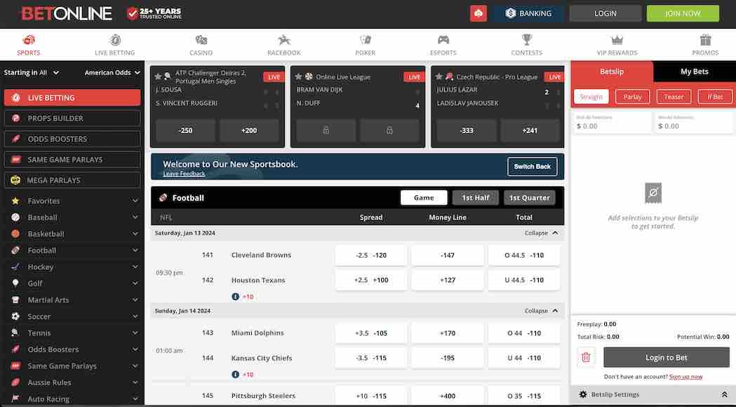 BetOnline sportsbook live betting section