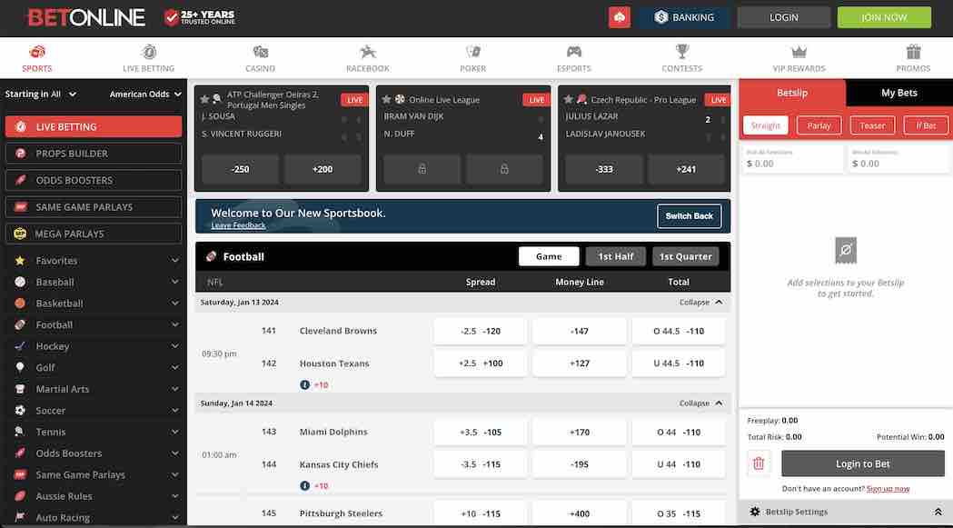 A screenshot of the BetOnline sportsbook live betting section