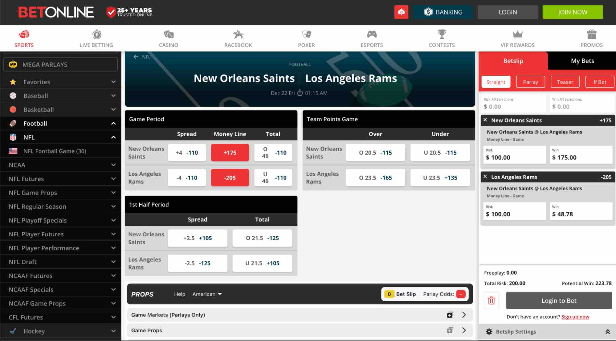 A screenshot of New Orleans Rams vs Los Angeles Rams betting markets with money line selections added to the betting slip