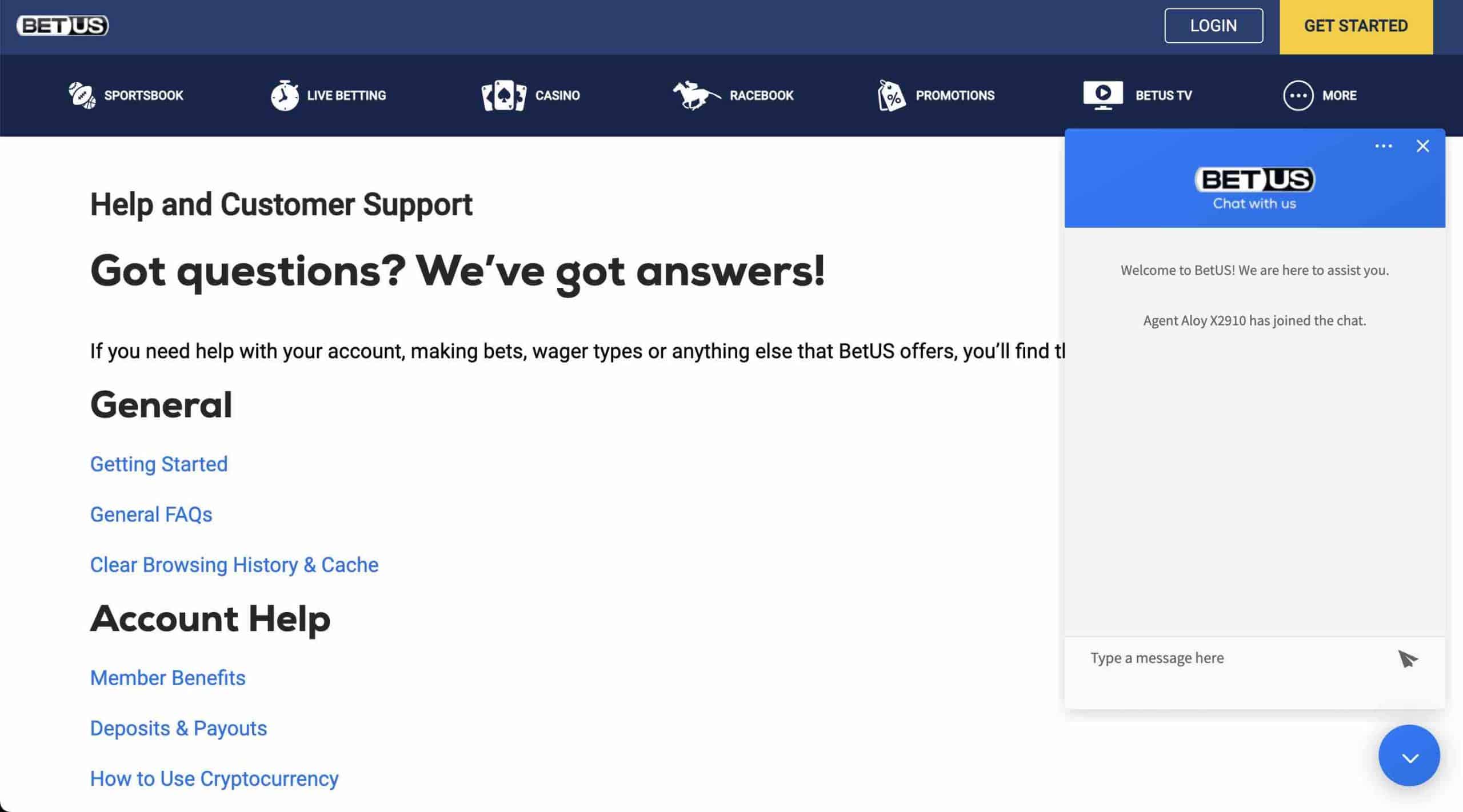 A screenshot of the help and customer support page at BetUS